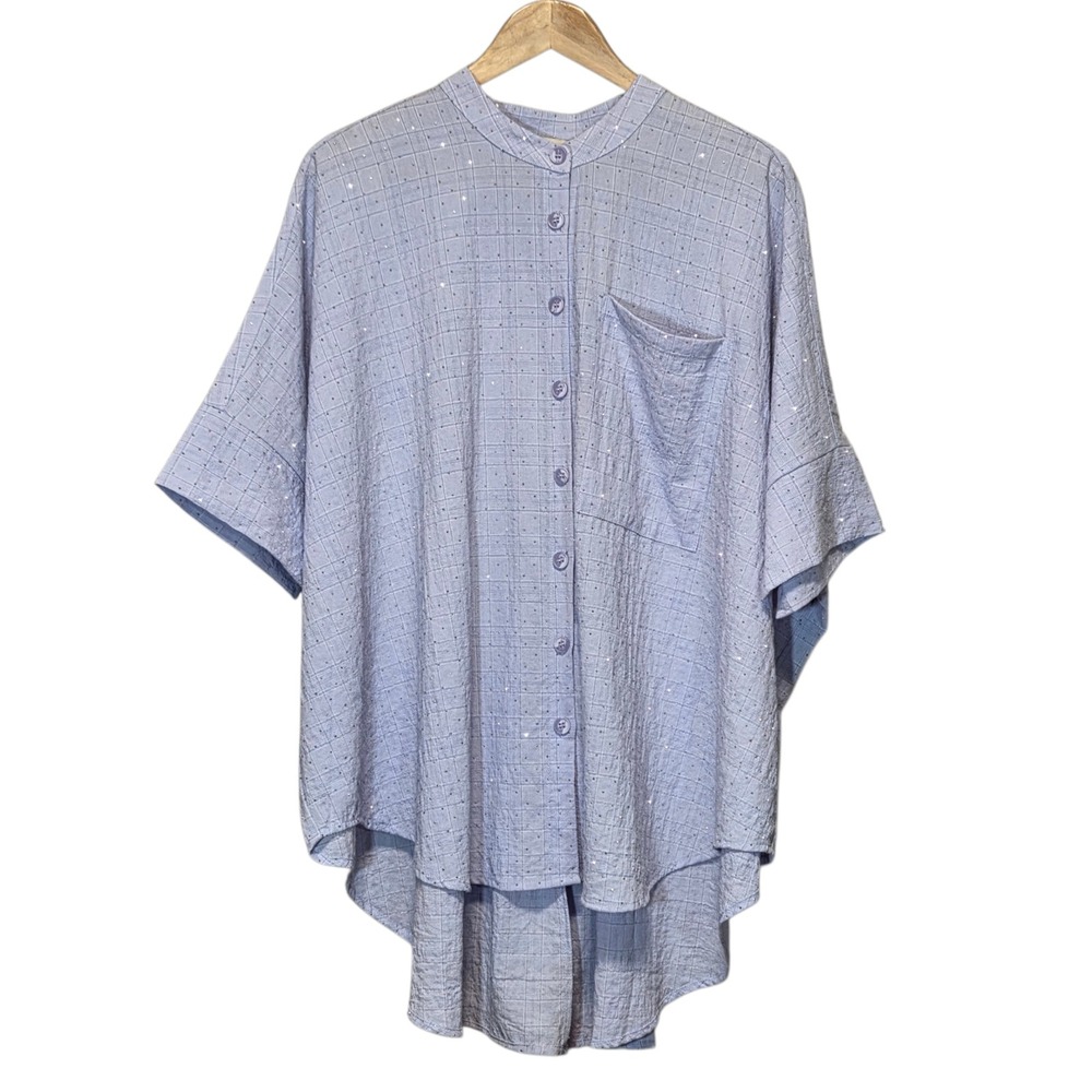 Davi & Dani Light Blue Oversize Sparkle Button Down Top Lagenlook Womens M